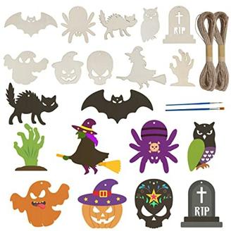 SUNYOK 30 Stück Halloween Holz Bastelset Fledermaus zum Bemalen Unbehandelt Holzanhänger mit Pinsel Holzfarbe Kunsthandwerk Kinder Spielzeug Geschenk für Halloween DIY Handwerk Party