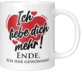 TASSENTICKER - Tasse mit Spruch - Ich liebe dich mehr - Geschenk für die Freundin, Freund - Valentinstag - Jahrestag - Weihnachten - Ehe (Weiss)