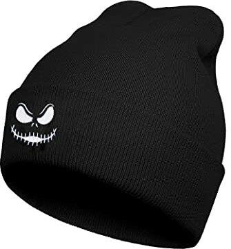 GLASS BAG Anime-Beanie, schwarzer Totenkopf-Mütze, Merch für Damen, Nightmare Before Christmas, Halloween, für Männer und Frauen, warmes Geschenk, schwarz, XX-Large