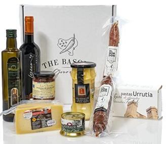 THE BASQUE Gourmet-Geschenkset - Urlaubs- und Weihnachts-Geschenkkorb mit Wein, Käse, Spargel, Extra natives Olivenöl, Piquillo-Paprika, Foie Pate, Mandelgebäck, Chorizo, Wurst – Deluxe Geschenkbox
