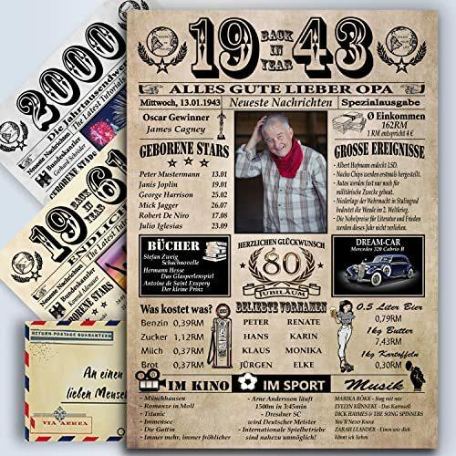 DUOMIO® 6 Felder PERSONALISIERBAR! Chronik zum 80 Geburtstag Geschenke Frauen & Mann - Ausdruck auf 400g/m² Premium Papier - 80 Geburtstag Deko 1943 Jahrgang Geschenk