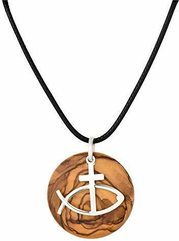 MaMeMi Wunderschöne Kette mit christlichem Motiv aus 925er Sterling vor Olivenholz Anhänger, 3 cm Zb als Geschenk zur Konfirmation/Firmung/Kommunion