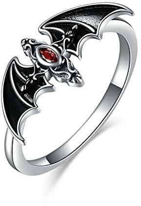 YFN Bat Halskette Sterling Silber Gothic Vampir Anhänger Ohrringe Ringe Gothic Schmuck Halloween Geschenk Für Frauen Männer Mädchen (Ring)