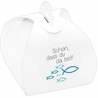 24 x Kartonagen + Aufkleber 'Fische' Gastgeschenke Set für Taufe, Kommunion, Konfirmation (Schön, dass du da bist! - blau)