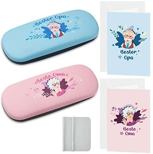 Queekay 2 Sets Oma Opa Geschenk Hartschale Brillenetui mit Opa Motiv Oma Motiv Opa Oma Geburtstagskarten mit Putztuch und Umschlag