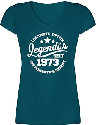 T-Shirt Damen V Ausschnitt - 50. Geburtstag - Legendär seit 1973 - weiß - M - Türkis - Geschenke für Frauen zum 50. Geburtstag - XO1525