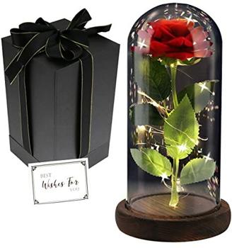 FAYODO Die Schöne und das Biest Ewige Rose, Rote Galaxie Rose Geschenk für Mama, Rose in Einer Glaskuppel mit LED Licht Holzsockel für Freundin Frau am Muttertag Geburtstag Valentinstag Jahrestag