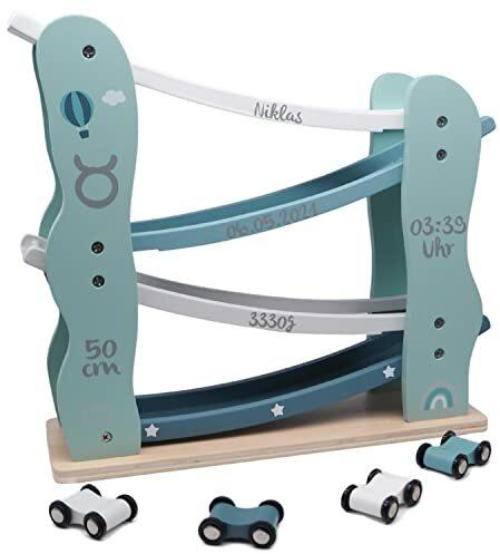 Label Label Kugelbahn inkl. Autos mint - personalisierbar I Geschenk zur Geburt & Taufe I Handmade Holzspielzeug ab 1 Jahr I Personalisierte Geschenke Baby I Rennbahn mit Name & Geburtsdaten
