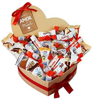 Onza. Kinder Schokolade -Süßigkeiten Geschenkkorb - Der perfekte Valentinstags-Überraschung mit einer originellen Schokoladen-Mischung: Kinder Bueno, Schokobons, Happy Hippo, Cards in Herzform verpack