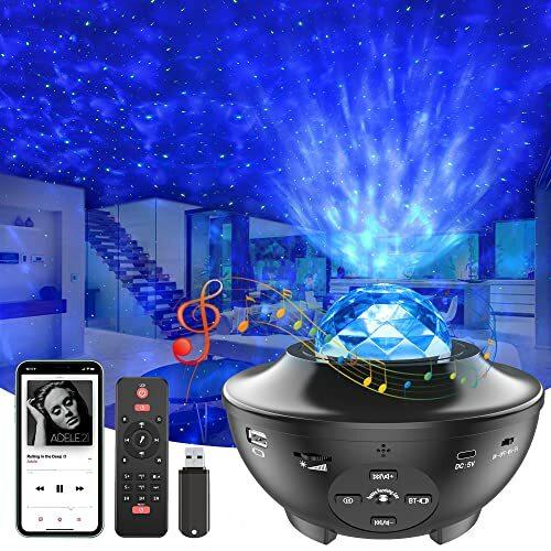 LED Sternenhimmel Projektor, Projektor Lampe Kinder Nachtlicht Mit Bluetooth Musik Player, Rotierendes Wasserwellen Projektor Licht Geeignet FüR Party Halloween Weihnachts Geschenke (BLACK)