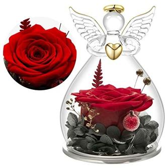 Yamonic Ewige Rose Engel Figur Geschenke für Mama, Glas Engel Figuren mit Echter Roter Rose, Geschenk Oma,Geburtstagsgeschenk für Frauen, Muttertagsgeschenk, Schutzengel,Rot