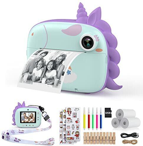 HiMont Kinderkamera Sofortbildkamera, Digitalkamera für Kinder mit Druckpapier & 32G TF Karte, VideoKamera mit farbigen Stiften & Fotoklammern zum Basteln, Geschenk für Kinder 3-14 Jahren (Grün)