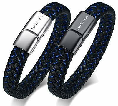 Leder Armbänder für Männer, 2 Stück Individuelle Personalisierte PU Geflochtene Manschette Magnetverschluss Armreifen Edelstahl Schmuck Geburtstagsgeschenk für Papa Ehemann Sohn Freund, Stil 1