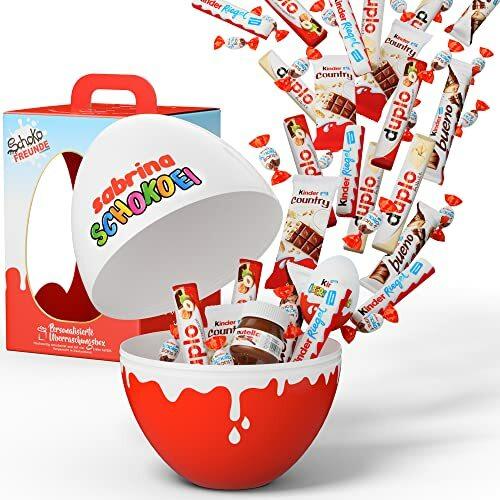 SchokoFreunde Geschenke ® personalisierte Geschenke mit Kinderschokolade - Ferrero Schokoladen Geschenk personalisiert für Kinder, Frauen, Männer - Riesen Schokolade Überraschungsei Geschenkbox XXL