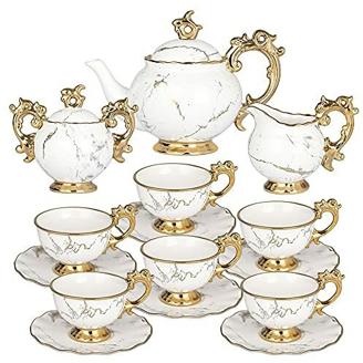 AHX Tee Set Tee Services Porzellan 15 Stück - Keramik Teekanne Set mit Tasse und Untertasse 6 Personen - Vintage China Tea Kaffee Service mit Zuckerdose und Milchkännchen für Geschenk und Haushalt
