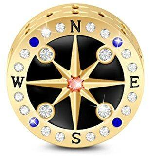 GNOCE Mysterious Compass Charm Perle S925 Sterling Silber Du bist Meine Welt Charm Perlen für Armband Halskette Schmuck Geschenk für Damen (Golden)