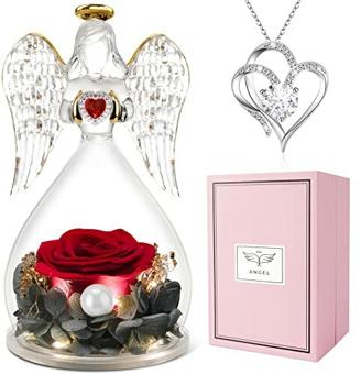 Miofula Engel Geschenke für Mama, Ewige Rose Engel Figur mit Halskette, Echte Rose mit LED Licht, Geschenke für Frauen Mutter Oma Freundin zum Geburtstag Jahrestag Muttertag Valentinstag Weihnachten