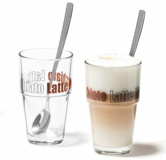 Leonardo Solo Kaffee Gläser 2er Set, Glas-Becher mit Latte-Macchiato Aufdruck inklusive Löffel, spülmaschinengeeignet, 4 teilig, 410 ml 042555