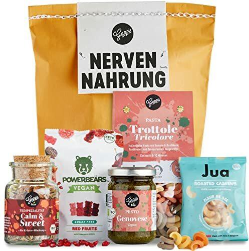 Gepp’s Feinkost Geschenkbox „Nervennahrung“ mit Delikatessen zur Entspannung I Gourmet-Geschenkset mit Pasta, Pesto, Tee, Cashews & veganen Fruchtgummis I Anti-Stress für Abitur, Studenten und Arbeit