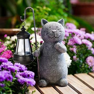 Yeomoo Katze Gartenfiguren für Außen mit Solar Laterne – Lustig Wasserdicht Katzen Solarlampe Figur Gartendeko für Draußen Balkon Terrassen Geschenke für Frauen Männer Mama Geburtstag Feengarten Grau