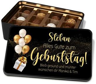 Pralinendose personalisiert mit Namen & Wunschtext „Alles Gute zum Geburtstag“ – moderne Geburtstagskarte mit Schokolade – Metalldose mit 12 Confiserie-Pralinen – Geburtstagsgeschenke eigene Widmung