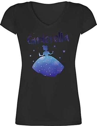T-Shirt Damen V Ausschnitt - Frauen Geschenk Damen - Ginderella - M - Schwarz - Bachelorette Party Accessories Alkohol t Shirt Shir Tshirt junggesellenabschied Frau JGA sprüche Gin Tonic - XO1525
