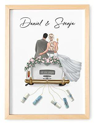 DEL MÀ Unique & Personal Geldgeschenk Hochzeit Personalisiertes Hochzeitsgeschenk mit Geld Bild mit Auto & Brautpaar im Bilderrahmen Geschenkidee zur Hochzeit