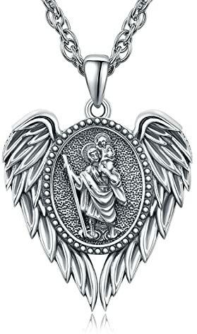 PRAYMOS St Christophorus Engelsflügel Halskette 925 Sterling Silber Wächter Anhänger Kette Christentum Schmuck Geschenke für Herren Damen Männer Jungen Kinder 20'' + 2'' Verstellbare Kette