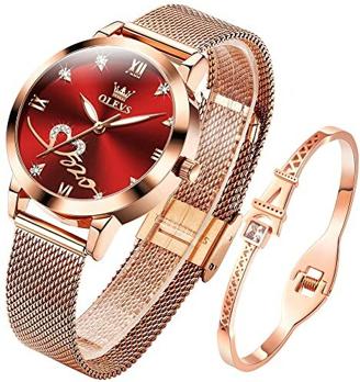 OLEVS Damen Armbanduhr Roségold Herz Diamant Quarzwerk Mädchen Damen Armbanduhr Rot Gesicht Mesh-Gürtel Uhr Armband Geschenk zum Valentinstag