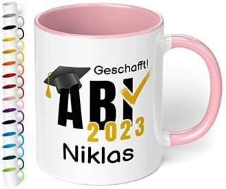 Lustige Tasse zum Abitur 2023: „ABI 2023 - Geschafft! Wunschname“ - Kaffeetasse mit Namen personalisiert - Geschenke zum Abitur, Abschlussgeschenk, Geschenk zur bestandenen Prüfung (Rosa)