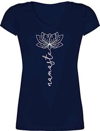 T-Shirt Damen V Ausschnitt - Yoga und Wellness Geschenk - Namaste Lotusblüte Yoga Chakra - S - Dunkelblau - yogashirtdamen Lotus Oberteil Tshirt mit Blumen Mandala Fashion yogakleidung - XO1525