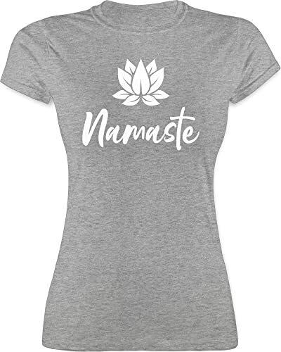Shirt Damen - Yoga und Wellness Geschenk - Namaste mit Lotusblüte weiß - XXL - Grau meliert - Lotus Tshirt Frauen lotusblüten tischirt. Shirts t-Shirts tailliert t-Shirt Funshirt t s Frau - L191