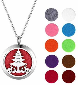 JewelryWe Schmuck Aromatherapie Halskette Edelstahl Ätherische Öle Parfum Diffusor Weihnachtsbaum Floating Medaillon Locket Anhänger Damen Kette mit 10 farbigen Filzkreisen Weihnachten Geschenk