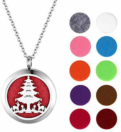 JewelryWe Schmuck Aromatherapie Halskette Edelstahl Ätherische Öle Parfum Diffusor Weihnachtsbaum Floating Medaillon Locket Anhänger Damen Kette mit 10 farbigen Filzkreisen Weihnachten Geschenk