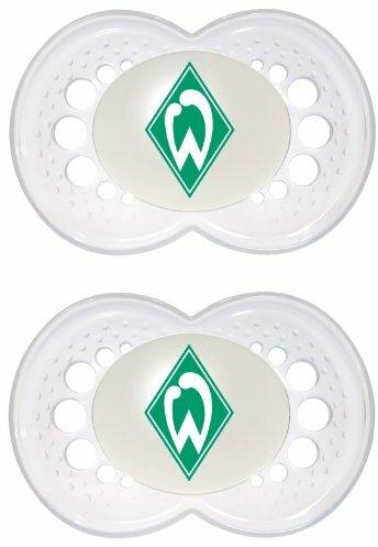 MAM Football Schnuller im 2er-Set, Original Schnuller im Fan Design vom SV Werder Bremen, zahnfreundlicher Baby Schnuller aus MAM SkinSoft Silikon, 6-16 Monate