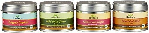 Herbaria Curry mild Spezialitäten Set - Probier- und Geschenkset aus vier milden Bio-Feinschmecker Curry Spezialitäten, 1er Pack (4x25g Dosen) - Bio