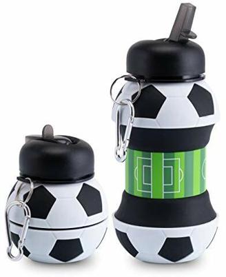 ELYFLAIR Trinkflasche Kinder - BPA frei - spülmaschinenfeste Sportflasche - für Schule, Freizeit und Sport - inkl. Karabinerhaken - faltbar - Flasche Fussball