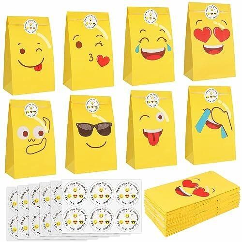 Bomtop Geschenk Tüten, 32 Stück Gelb Papiertüten, Geschenktüten mit 32 Aufkleber, Geschenktüten klein, geschenkverpackungen kinder, zum Verpacken Kindergeburtstag, Hochzeit, Party Geschenken (8 Stile)