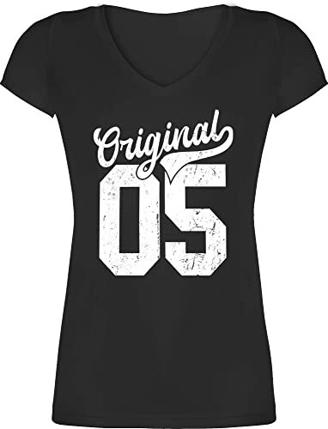 T-Shirt Damen V Ausschnitt - 18. Geburtstag - Original 2005 - L - Schwarz - überraschung 18 TER Shirt Geschenke geburtstagsgrüße Geburtstagsgeschenk 18ten geworden feiern - XO1525