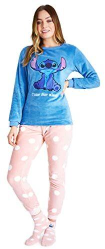 Disney Schlafanzug Damen mit Kuschelsocken Set Charaktere Stitch Geschenke Set (Blau/Rosa Stitch, S)