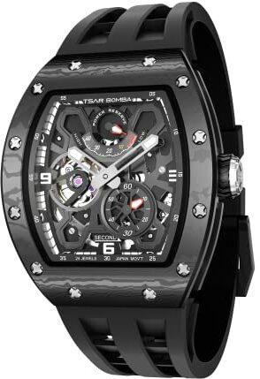 TSAR BOMBA Luxus Herren Automatikuhr Mechanisches Japanisches Uhrwerk Saphirglas 50M Wasserdicht Kohlefaser Tonneau Einzigartige Business Geschenke für Männer Leuchtende Armbanduhr Analog Schwarz Mode