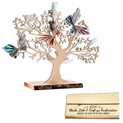 Casa Vivente Geldbaum aus Holz mit Gravur – Zur Konfirmation – Glaube, Liebe & Kraft – Personalisiert mit Namen – Erlenholz – Verpackung für Geldgeschenke – Geschenkidee für Mädchen und Jungen – Groß