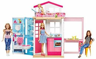 Barbie DVV48 - 2-Etagen Ferienhaus und Puppe, zusammenklappbar, mit Tragegriff, mehrere Spielbereiche, enthaltene Möbel & themenbezogene Aufkleber + Zubehörteile, Puppenhaus, Spielzeug ab 3 Jahren