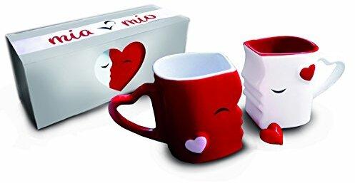MIAMIO - Kaffeetassen/Küssende Tassen Set Geschenke für Frauen/Männer/Freund/Freundin zur Hochzeit/Weihnachten aus Keramik (Rot)