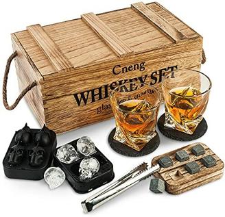 Cneng Whisky Steine Geschenkset mit Glas，Whisky Gläser Set ,Personalisiert Whiskey Geschenk für Männer, 2x 300ml Gläser，6 Whisky-Steine,Whisky Zubehör mit Holz Geschenkbox