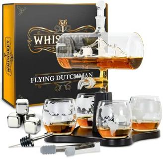 Whisiskey - Whisky Karaffe - Segelschiff - Dekanter - Whiskey Set - 1L - Geschenke für Männer - Männergeschenke - Inkl. 4 Whisky Steine, Ausgießer, Zapfhahn & 2 Whisky Gläser