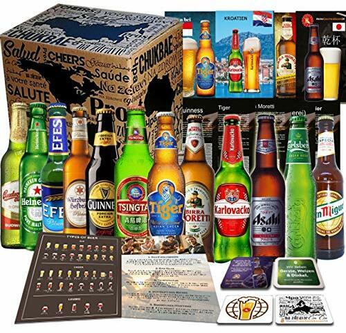 12x BIERE DER WELT, Geschenkidee für Mann zum Geburtstag, Vatertag, Ostern, Geschenkkarton + Tasting Anleitung + 12 x Produktinformation 4 Bierdeckel