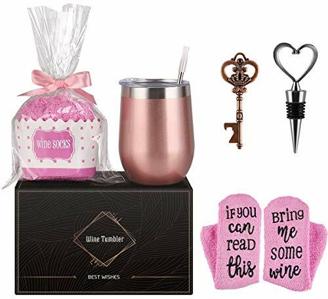 Wein Geschenkset für Freundin mit Wein Socken, 12oz Edelstahl Weingläser mit Deckel Weinsocken Flaschenöffner Strohhalm, Strohhalmpinsel Weintasse für Wein, Getränke, Champagner, Cocktails