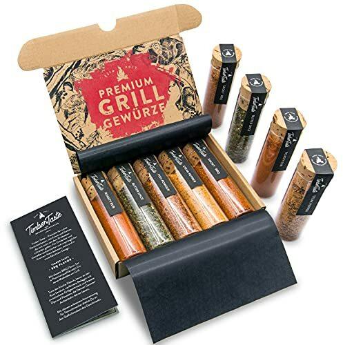 TIMBER TASTE® Grill Gewürze Geschenkset Männer | 5 erlesene BBQ Grillgewürze inkl. Rezepte | Grill Zubehör Geschenke für Männer | Besonderes Gewürze Set für Ihn | Geschenke für Erwachsene | Gewürzset