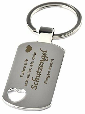 GESCHENKE-FABRIK Schlüsselanhänger mit Herzausschnitt & Gravur 'Fahre nie schneller als dein Schutzengel fliegen kann !' - Im Chrom Stil - Geschenk zum Führerschein oder für als Schutzengel